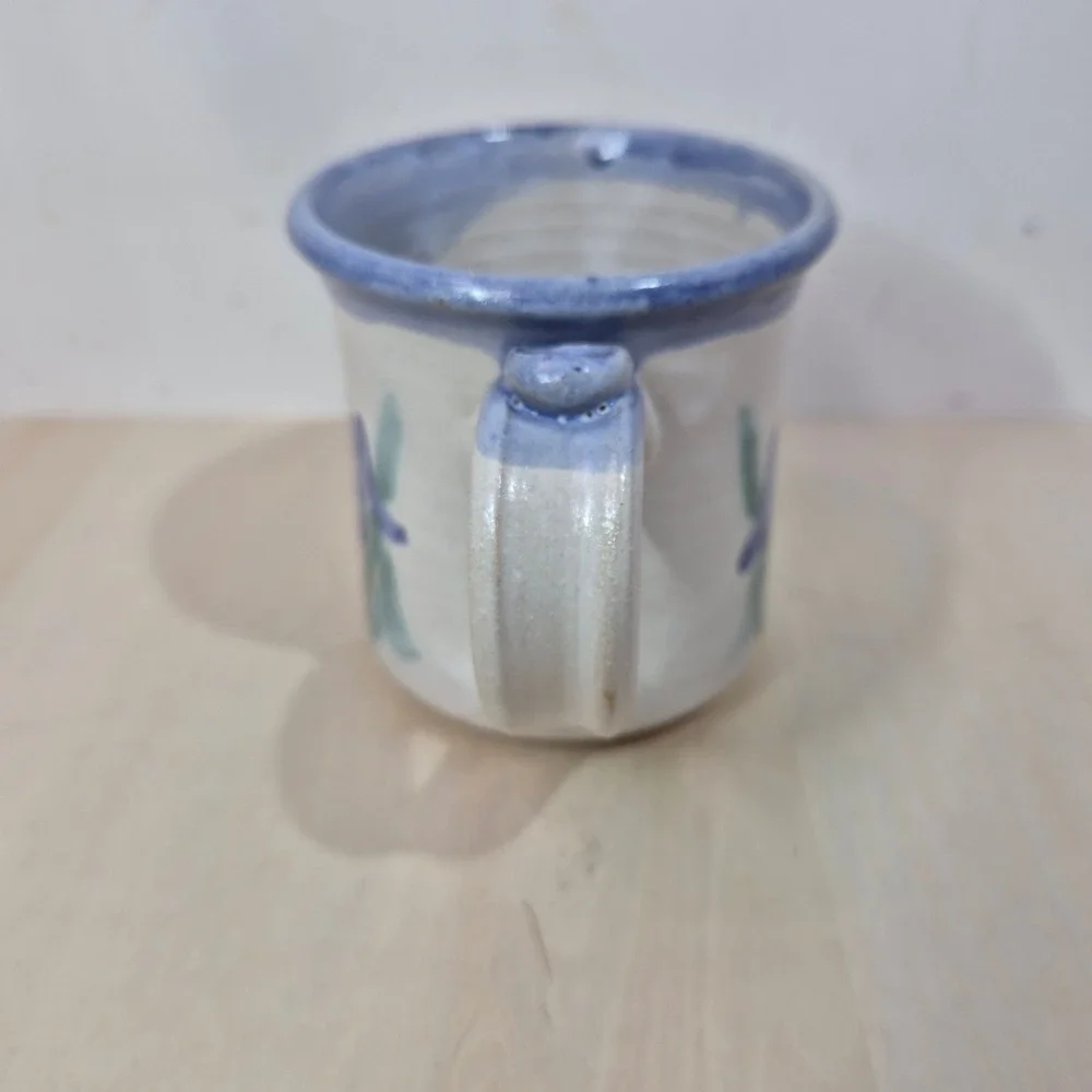Studio Pottery Shaving Scuttle Mug Hand Painted Blue Iris Floral Stoneware 4in